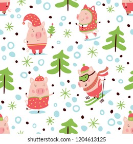 Funny pigs. Seamless vector pattern with a Christmas symbol of 2019.