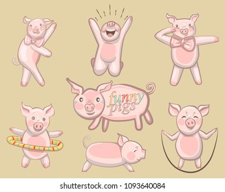 FUNNY PIGS. A set of pigs engaged in sports and dancing