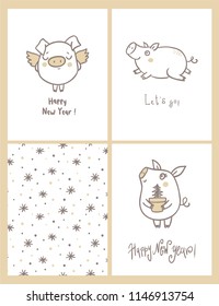 Funny pigs. Set of labels and badges/ new year 2019 symbols