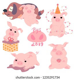 Funny pigs set. Vector illustration. Eps 10.