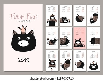 Funny pigs, symbol 2019. Calendar design