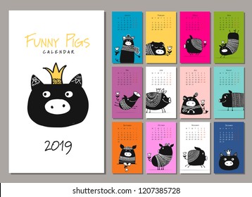 Funny pigs, symbol 2019. Calendar design