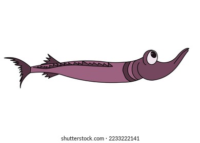 Funny pike fish isolated on white background. Cheerful character of purple color. Cartoon style. Vector illustration.
