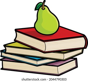 Funny Pile of books with a pear on them in cartoon style