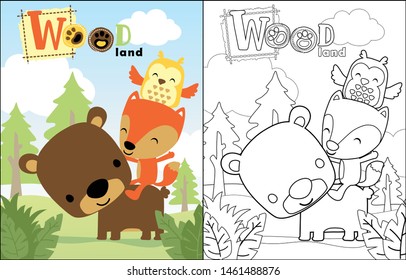 Funny piled up animals cartoon in jungle, coloring book or page
