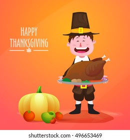 Hübscher Pilgerjunge mit gebratenem Huhn für die Feier des glücklichen Thanksgiving-Tages.