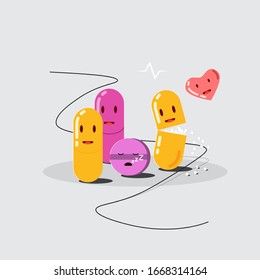 Personajes divertidos de la píldora. Píldoras, cápsulas con caras en un estilo plano. Concepto de salud y medicina - Vector