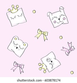 Funny pillows. Crowns. Bows. Vector illustration of seamless baby pattern.