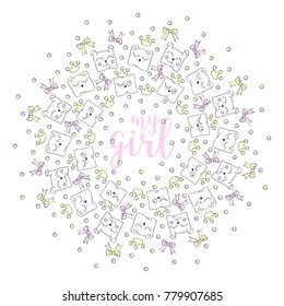 Funny pillows. Crowns. Bows. Vector illustration of baby frame.