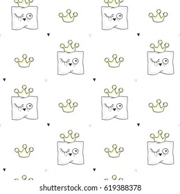 Funny pillows. Crowns. Vector illustration of seamless baby pattern.