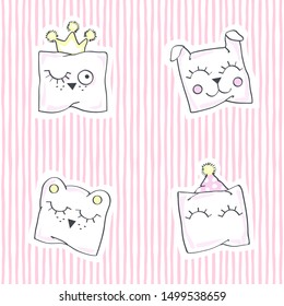 Funny pillows. Vector illustration with baby seamless pattern.
