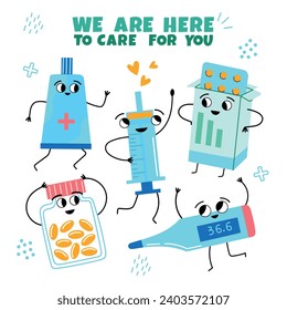 Funny pills characters. Happy pharmaceutical preparations, cute smiling faces, healthcare medical products, cartoon mascots, vector poster.eps
