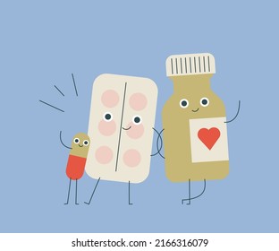 Funny pills and tablets cartoon characters. Pharmacy concept illustration on blue background.