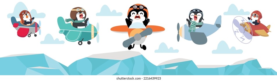 Funny pilot penguin flying plane set