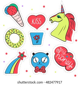 Funny pin hand-drawn vector set of pop art badges, patches, flat icons. Collection of cartoon design elements. Baby stickers for little girls with unicorn, rainbows, ice cream, cat isolated on white.