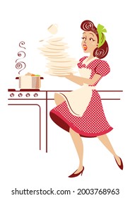 Funny Pin up woman cooks. Clumsy attractive woman falling plates and dishes in her kitchen. Vector vintage illustration