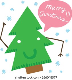 Funny Pine Tree Character with Merry Christmas Speech Bubble
