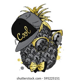Funny pineapple in cap and glasses. Vector illustration for greeting card, poster, or print on clothes.