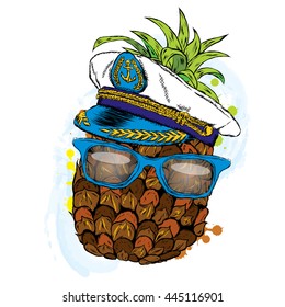Funny pineapple in a captain's cap. Vector illustration for greeting card, poster, or print on clothes.
