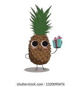 funny pineapple cartoon character holding gift box