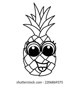Funny pineapple cartoon characters with cute face vector illustration. For kids coloring book.