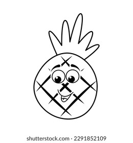 Funny pineapple cartoon characters vector illustration. For kids coloring book.