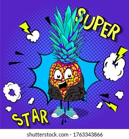funny pineapple character in a fashionable black leather jacket and sneakers.  Happy fruit smiling in comic style.  Background with dots. Urban youth illustration for t-shirt in vibrant bright colors