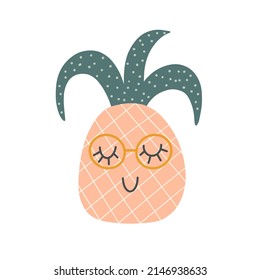 Funny pineapple character with happy face. Vector cartoon illustration in simple hand-drawn Scandinavian style.
