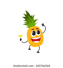 Funny pineapple character with human face and cocktail glass having fun at party, cartoon vector illustration isolated on white background. Pineapple character dancing at party with cocktail glass