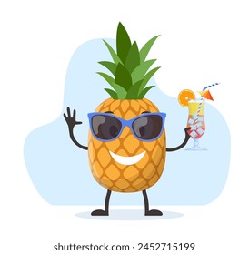 Funny pineapple character with human face and cocktail glass having fun at party. Colorful summer design. Vector illustration in flat style