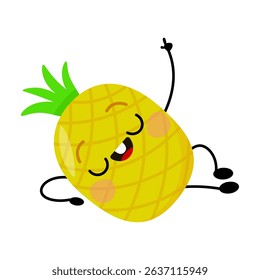 Funny pineapple character lying down and pointing up