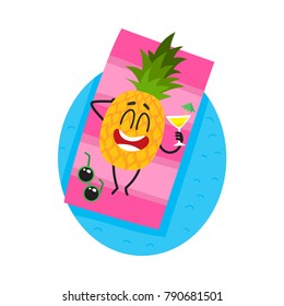 Funny pineapple character lying on the beach with a cocktail, cartoon vector illustration isolated on white background. Cartoon pineapple character enjoying summer vacation on the beach
