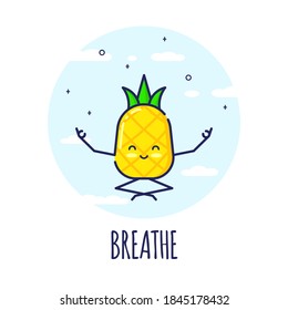 Funny Pineapple Character Meditating in Lotos Pose Padmasana. Yoga Classes. White Background