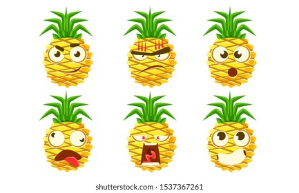 Funny Pineapple Character Set, Cute Tropical Fruit Emojis with Various Expressions Vector Illustration