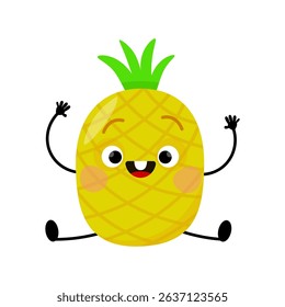Funny pineapple character sits in the splits with his arms raised up