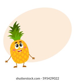 Funny pineapple character standing and looking up, cartoon vector illustration with place for text. Funny pineapple character, mascot standing and looking at something above