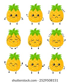 Funny pineapple character with vector hand drawn cartoon kawaii character