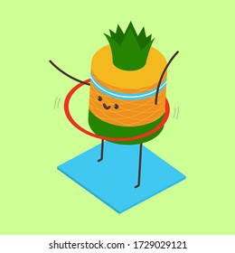 Funny Pineapple doing exercise with hula hoop vector isometric cartoon character isolated on a white background.