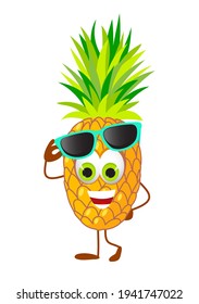 Funny Pineapple with eye glasses - Summer Things Collection. Cartoon funny characters, flat vector illustration