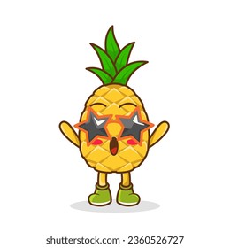 Funny pineapple fruit character in star-shaped glasses having fun at party, cartoon vector illustration isolated on white background. Cartoon pineapple fruit character, party mascot