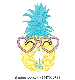 Lustige Ananas mit Gläsern und Cocktail-Vektorillustration. Eine handgezeichnete Sommerpostkarte.