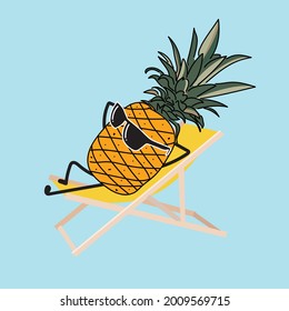 Funny pineapple with glasses relaxing on a chair. Pineapple graphics for T-Shirts.