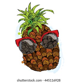 Funny pineapple in glasses. Vector illustration. 