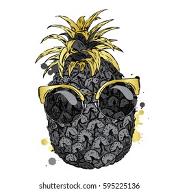 Funny pineapple in glasses. Vector illustration.