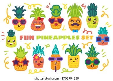 Funny pineapple hand drawn stickers set. Cute tropical fruits with various facial expressions
