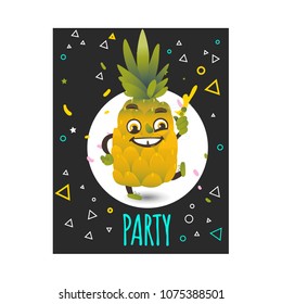 Funny pineapple happy fruit character smiling holding cocktail glass going to fun. Summer vacation, party poster design element. Vector isolated illustration in cartoon style on black background