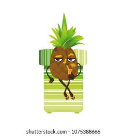 Funny pineapple happy fruit character lying at lounger sipping cocktail glass. Summer vacation, party poster design element. Isolated illustration, white background.