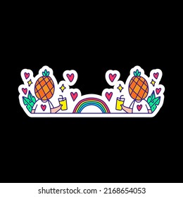Funny pineapple man holding drink with heart and rainbow element, illustration for t-shirt, sticker, or apparel merchandise. With doodle, retro, and cartoon style.