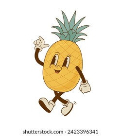 Graciosa mascota de piña aislada de fondo blanco. Dibujo retro sonriente del personaje de la fruta tropical ilustrado vectorial. 