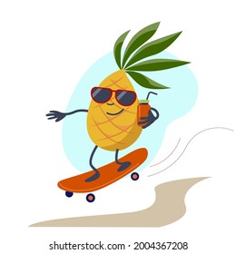 Funny pineapple rides on a skateboard. Cartoon character holding fresh smoothies. Cute fruit. Vector summer illustration.